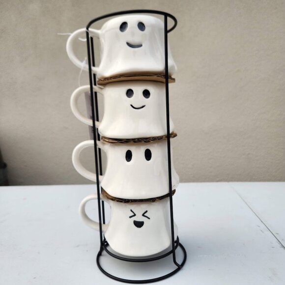 NEW Ceramic Ghost Mugs Mug Set of 4 Stacking Stackable White Stoneware Can hold - Picture 6 of 16